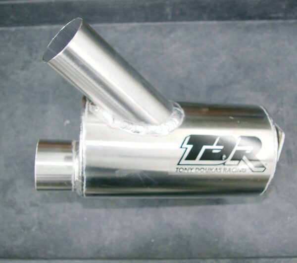 A stainless steel exhaust pipe with the Yamaha Wave Blaster 701 1993-96, TDR Waterbox on it.