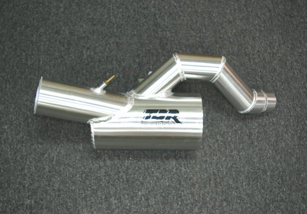 A stainless steel exhaust pipe for a car, compatible with SeaDoo RXP waterbox 2007 and older w/ 3" exit. Part# 02-0090.