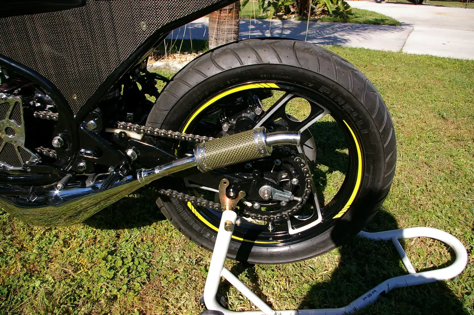 A motorcycle tire with the wheel on it