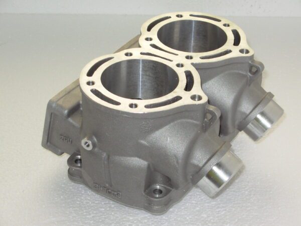 A pair of stainless steel Cheetah Cub Cylinder 421cc 68mm bore on a white surface.