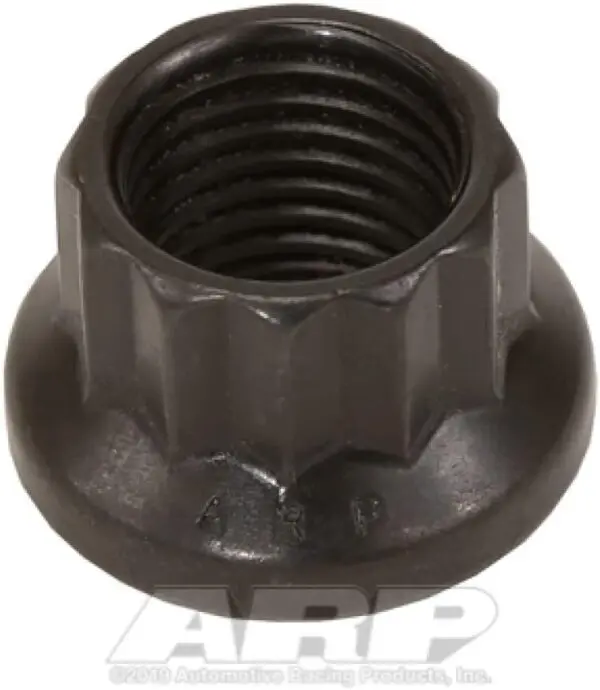 A black ARP nut for an axle nut with ARP NUTS, Part# 16-5838.