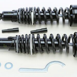 A pair of Black Shorty Front Shocks on a white background.