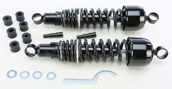 A pair of Black Shorty Front Shocks on a white background.