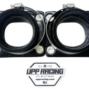 A pair of black hose clamps featuring the UPP intake manifolds for 44mm carbs Part# 22-5862 logo.