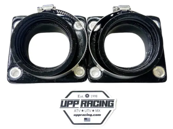 A pair of black hose clamps featuring the UPP intake manifolds for 44mm carbs Part# 22-5862 logo.