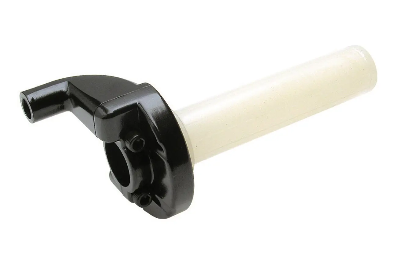 A black plastic handle with a white grip on a white background featuring Motion Pro CR Style Twist Throttle, Part# 36-5700.