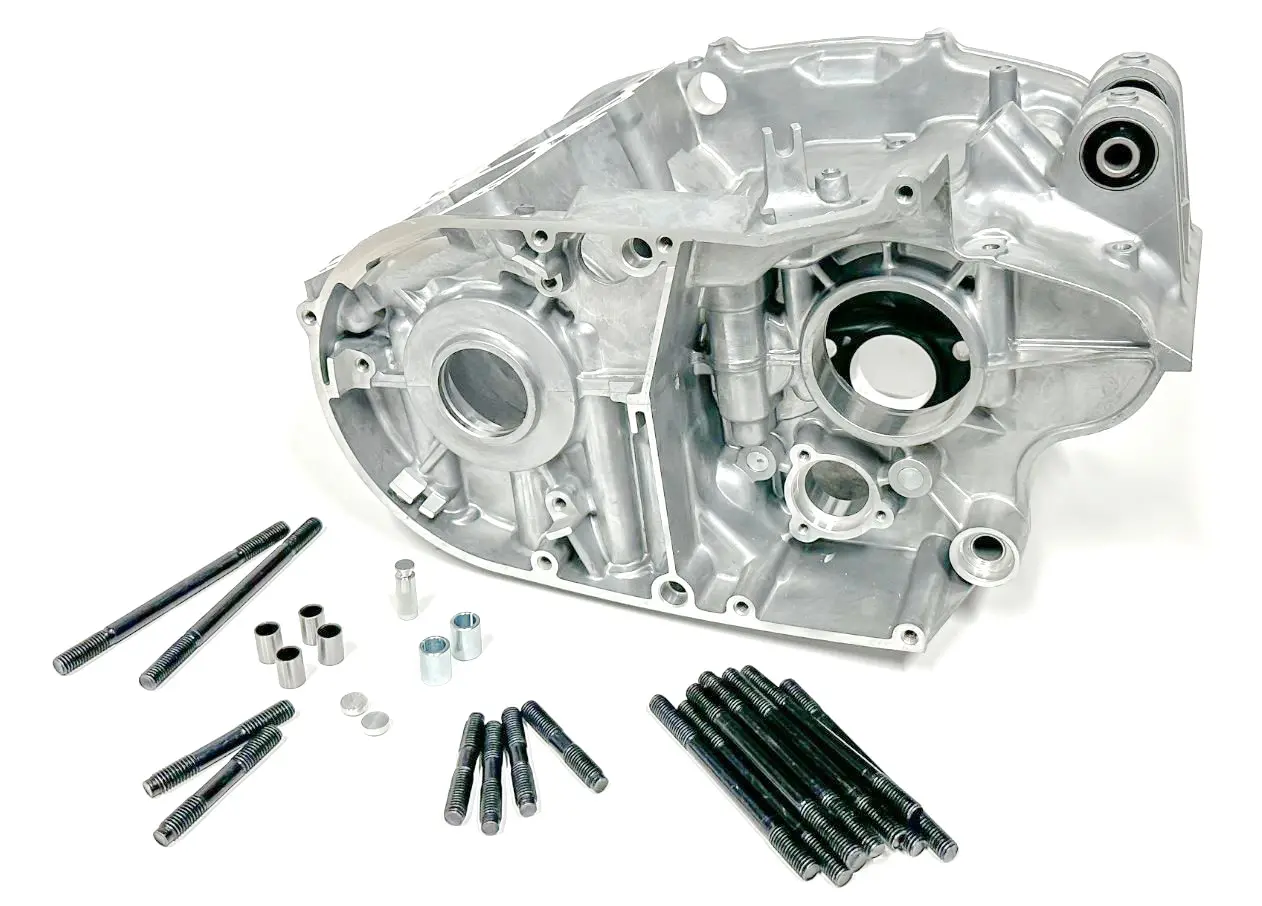 An aluminum driveline crankcase with bolts and nuts for stroker crankshafts, Part# 91-5734.